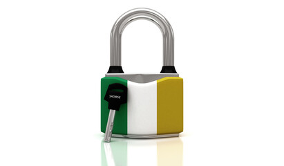 Conceptual representation of national lockdown due to covid-19, closed padlock with keys to freedom, Ireland, 3d illustration, 3d rendering