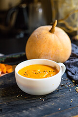 pumpkin cream soup eat first course top view copy space for text food background rustic keto or paleo diet