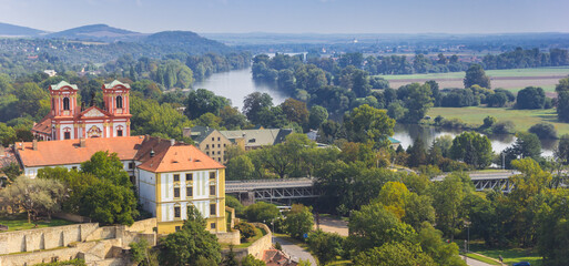 Panoramic aerial view of the river Elbe and historic city , Czech Republic