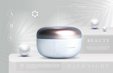 Vector 3D elegant cosmetic products set background premium cream jar for skin care products. Luxury facial cream. Cosmetic ads flyer or banner design. Cosmetic cream template. Makeup products brand.