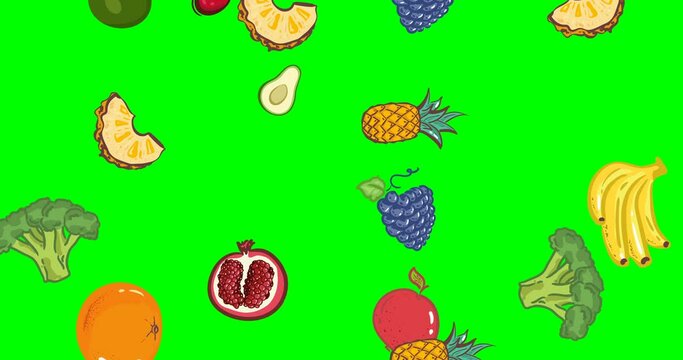 Animated background with Fruits on green background decorative, abstract pattern animation. video. apple, broccoli, pomegranate, orange, plum, avocado, banana, grapes Cover design. stock footage 4k.