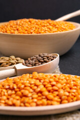 red, green, red lentils culinaris top view. Selective focus. vertical photo