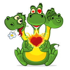 Cute three headed cartoon dragon character. Vector illustration