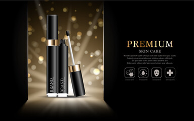 Hydrating facial concealer for annual sale or festival sale. silver and gold cream mask bottle isolated on glitter particles background. Graceful cosmetic ads, illustration.