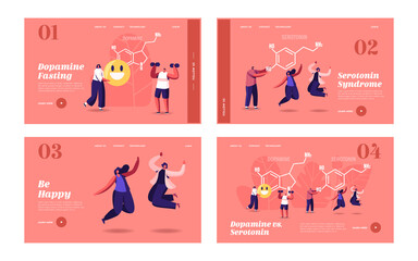Dopamine, Serotonin Landing Page Template Set. People Enjoying Life near Huge Formula. Hormones Production in Organism