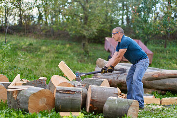 Farmer splitting logs