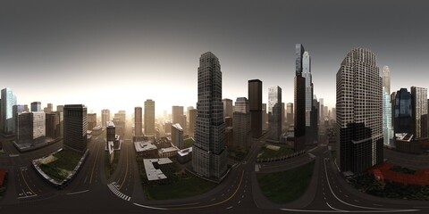 Naklejka na ściany i meble Sunrise over the city,, HDRI, environment map , Round panorama, spherical panorama, equidistant projection, panorama 360