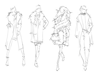 Beautiful young women in modern style.. Hand drawn stylish woman portrait. Fashion lady. Autumn outfit. Sketch set. Fashion model posing in coat. Hand drawn fashion woman.