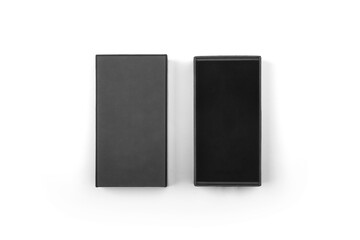 Blank black paper box front view. Mockup isolated on white background. Packaging template. With clipping Path included