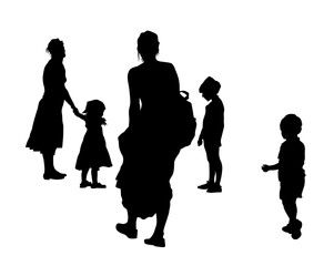 Families with little child walking on street. Isolated silhouettes of people on white background