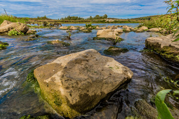 Closeup of a wet stone in a stream with water flowing into the Maas river among wild vegetation, sunny day with a blue sky between Elsloo and Meers South Limburg, the Netherlands Holland