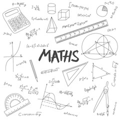 Abstract mathematical background. Formulas and measuring instruments drawn in doodle style on a white background.