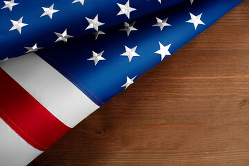 US flag on wooden background. Background for creating a postcard or invitation card.