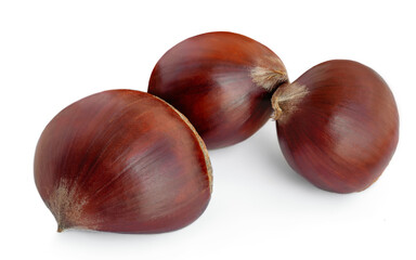 Chestnuts isolated on white background. Chestnut for Christmas  close up. Three Roasted nuts.