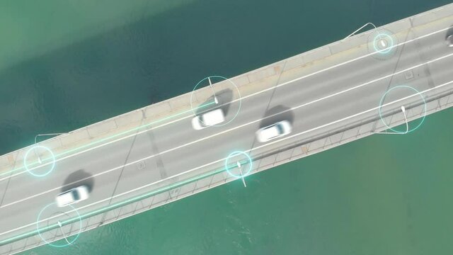 Transportation and technology Intelligent Transport Systems concept. Artificial Intelligence Digitalizes and Analyzes Road. Eye's bird drone view of traffic over a bridge