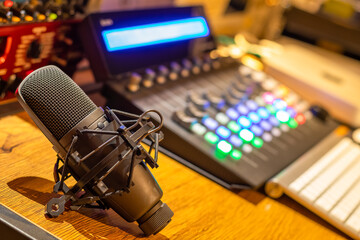 condenser microphone on broadcasting studio desk