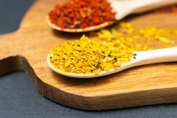 dry spices in a wooden spoon close-up on a vintage background. selective focus