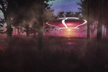 Zelfklevend Fotobehang UFO die & 39 s nachts in het bos / bos landt, sciencefictionscène met buitenaards ruimteschip. 3D-ruimteillustratie © Stephen Davies