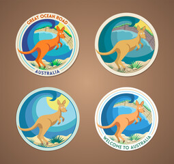Kangaroo and Great Ocean Road in Australia. Cartoon stickers set or logo emblems collection in retro style. Surf Coast, Victoria 