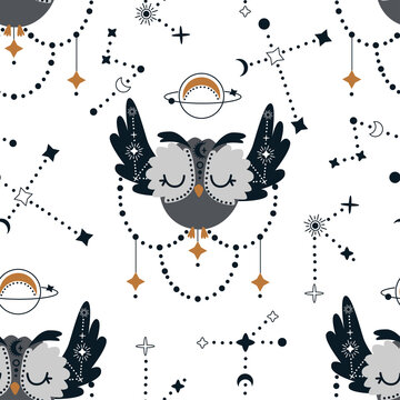 seamless pattern with celestial owl - vector illustration, eps