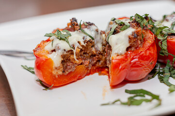 Stuffed Red Bell Pepper with minced beef and stuffed with cheese