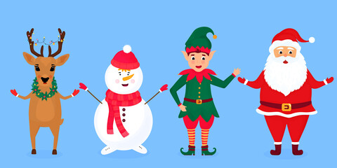 Christmas elf, Santa Claus, snowman and deer