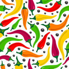 Chili peppers colorful seamless pattern on white background