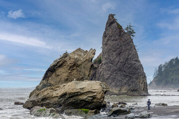 Fototapeta na wymiar Haystack rocky coastal ocean beach with travel photographer. 