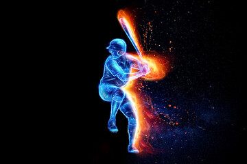 Silhouette, image of a baseball player with a bat on fire, blue hologram on a dark background. Sports concept, betting, American game. 3D illustration, 3D render.
