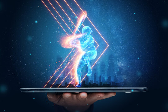 A silhouette, an image of a baseball player with a bat on fire crawls out of a smartphone, a hologram. Online sports concept, betting, American game. - Powered by Adobe