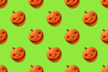 Pumpkin pattern for Halloween on green background