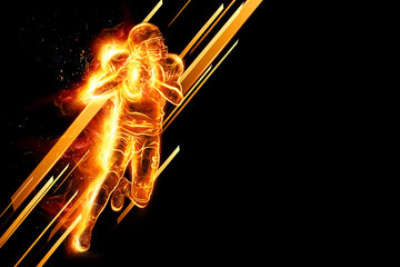 Silhouette of American football player, player in action on fire. Isolated on black background. Concept for sports, speed, bets, American game. 3D illustration, 3D render. © Aliaksandr Marko