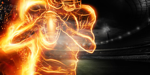 Silhouette of an American football player on fire on the background of the stadium. Concept for sports, speed, bets, American game. © Aliaksandr Marko
