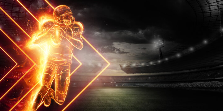 Silhouette of an American football player on fire on the background of the stadium. Concept for sports, speed, bets, American game.