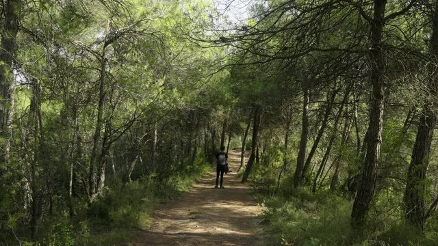 Male walks through green forest surrounded by trees and takes photos from a dirt trail