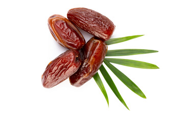Dry dates isolated on white background. Top view. Flat lay pattern.