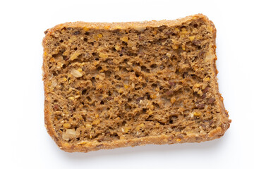 Rye bread slice on a white background.