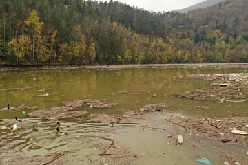 Aerial view of the polluted Ruzin reservoir in Slovakia