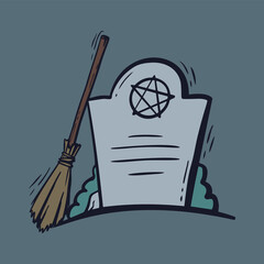 Halloween objects. Vector hand drawn coloured illustration of grave and broom. EPS10