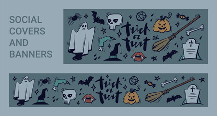 Halloween objects set. Suitable for social network covers, banners, posters. Vector hand drawn coloured elements. EPS10