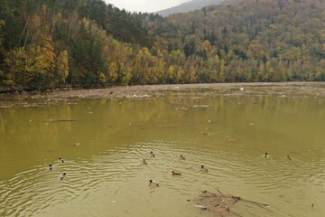 Aerial view of the polluted Ruzin reservoir in Slovakia