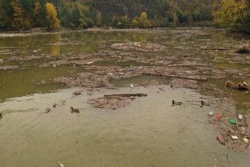 Aerial view of the polluted Ruzin reservoir in Slovakia