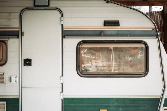 Close Up Of A Camp Trailer Parked In The Garage.