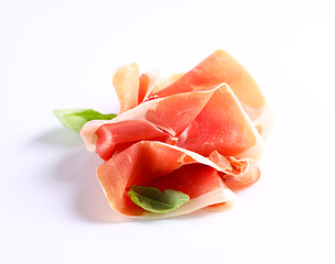 italian parma ham with basil leaf