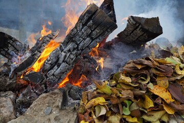 autumn leaves on the background of a flaring fire