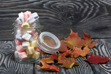 Marshmallows of different colors. They lie in a glass jar. Autumn maple leaves are scattered around.