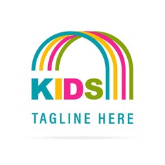 Abstract kids art logo with colorful letter and rainbow on white background.Creative design template icon for kindergarten, playground, kids centre, childrens zone, baby shop.Vector illustration.
