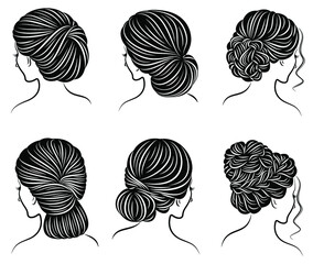 Collection. Silhouette of the head of a lovely lady. The girl demonstrates her pech hairstyle for long and medium hair. Suitable for logo, advertising. Vector illustration set.
