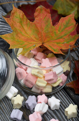 Obraz na płótnie Canvas Marshmallows of different colors. They lie in a glass jar. Autumn maple leaves are scattered around.