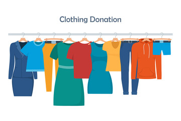Clothes for donation. Various clothes on a hanger and in boxes. Cheap and free seasonal garment. Second hand shop, flea market goods. Donating clothes to charity, concept vector illustration.